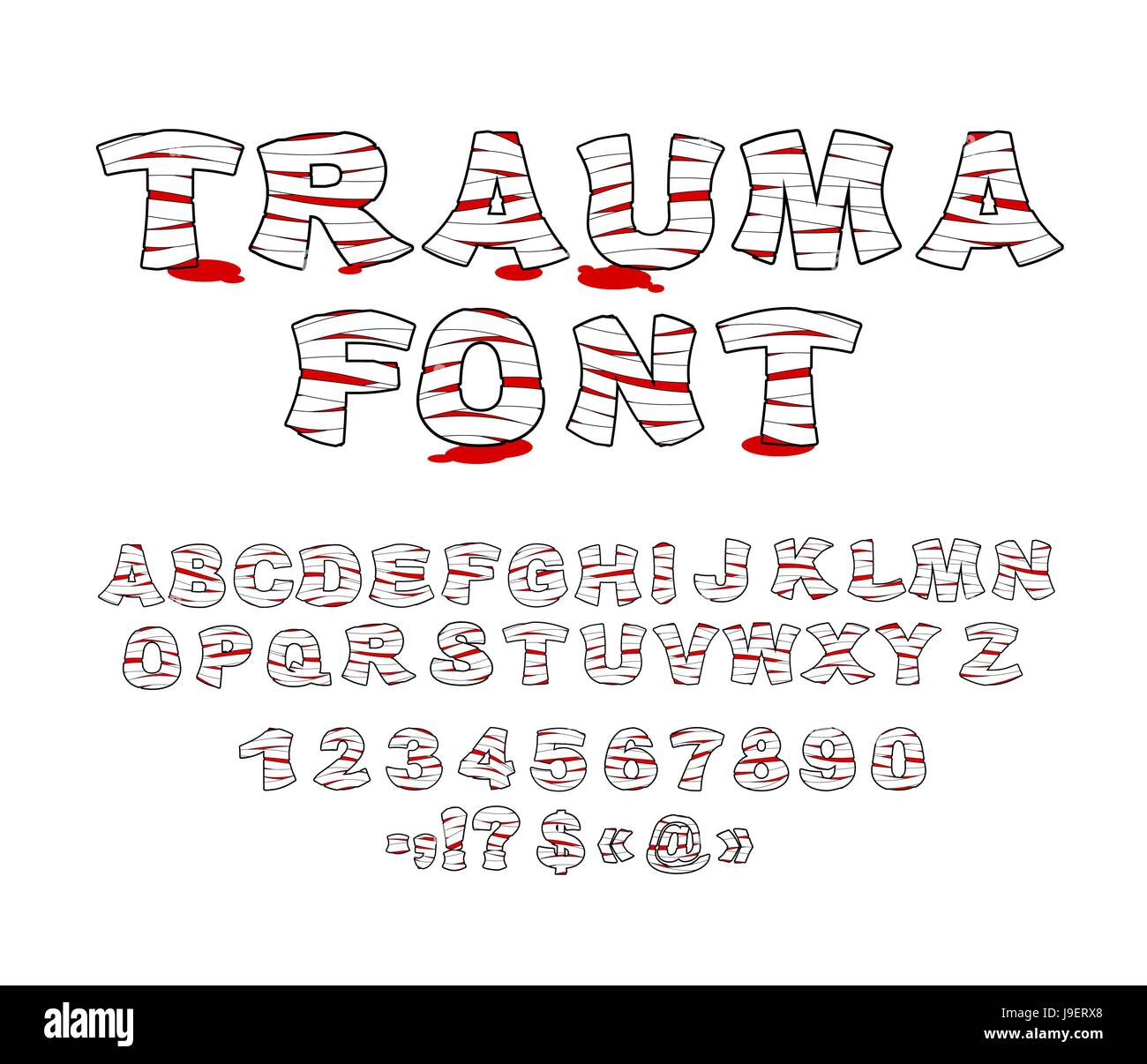 Trauma font. Crippled letters wrapped medical bandages. Traumatized Letters and numbers. Treatment of  alphabet. Patient blood Font Stock Vector