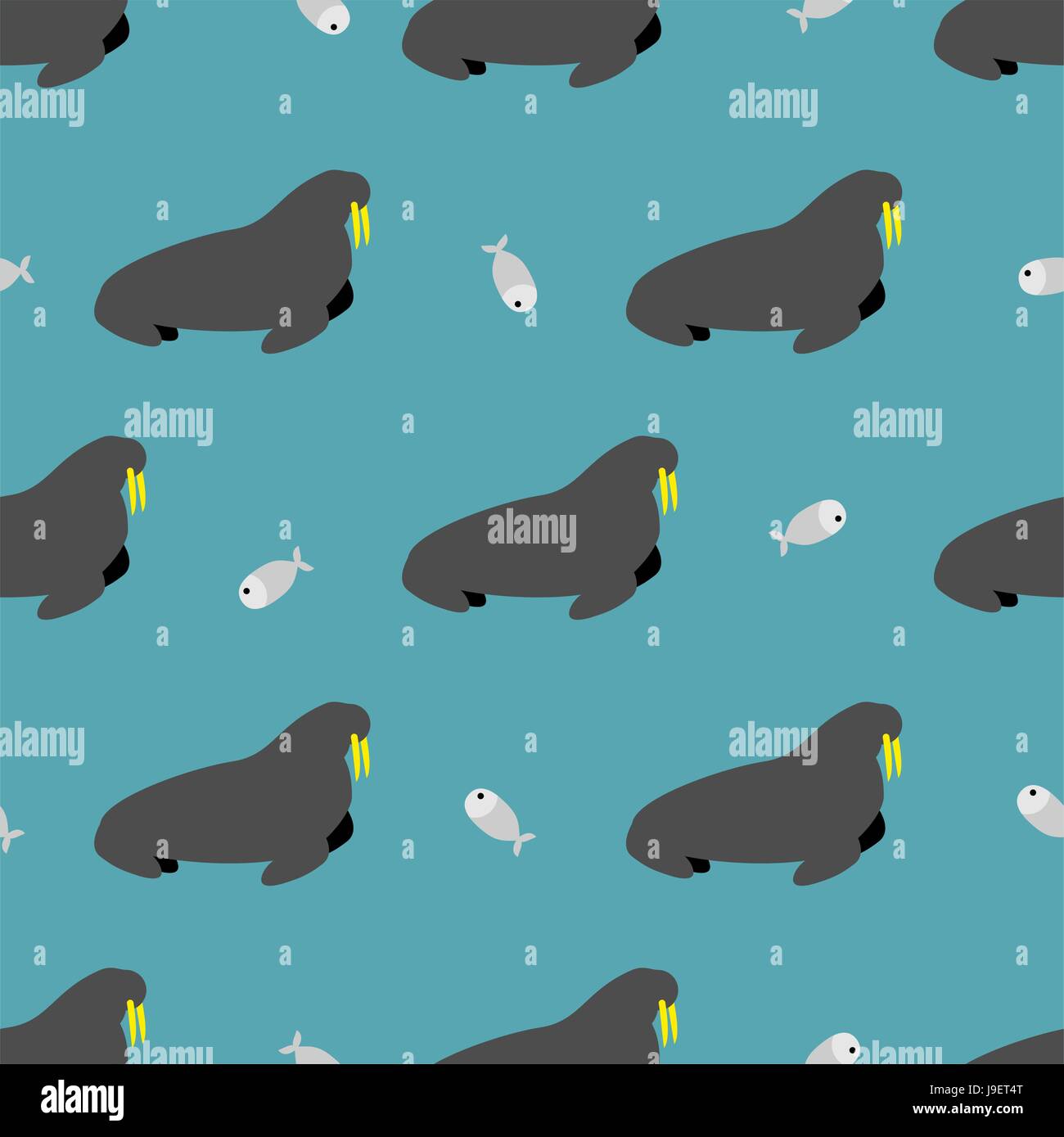 Seal and fish seamless pattern. Walrus with large tusks. Arctic animals