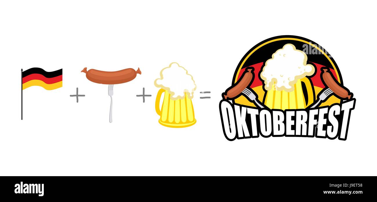 Oktoberfest logo. Emblem Beer Festival in Germany. German flag plus a Bavarian sausage and beer. Vector illustration for a holiday Stock Vector
