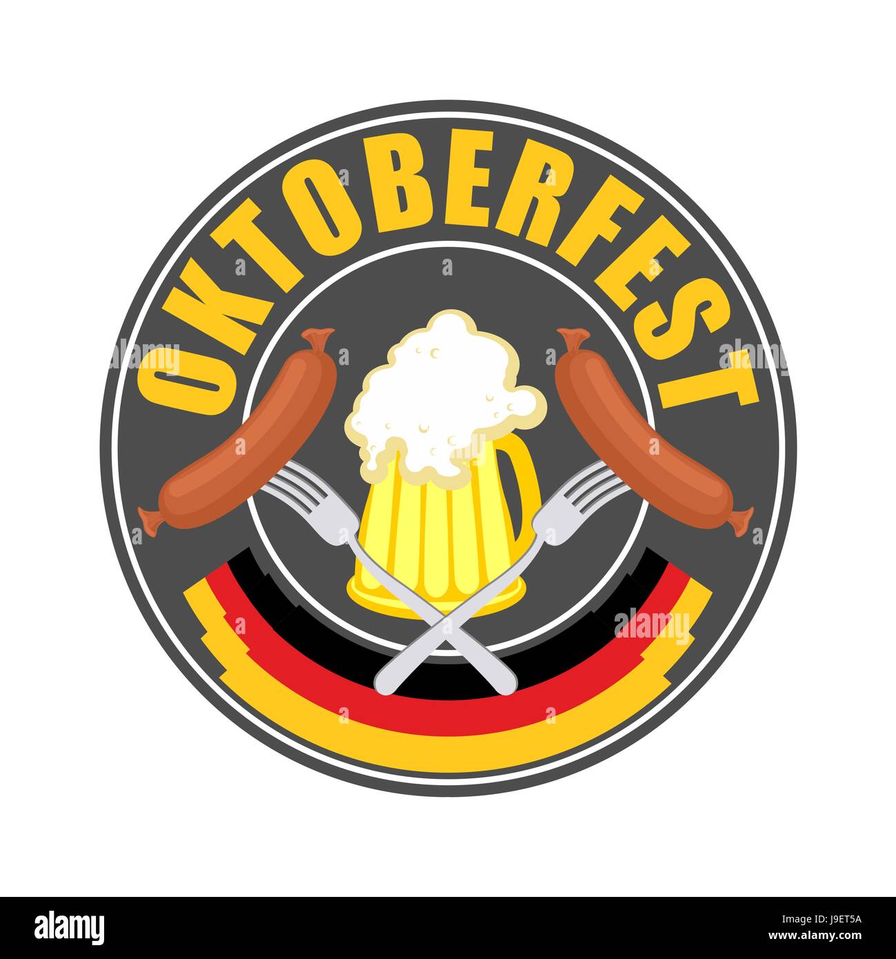 Oktoberfest logo - Traditional annual  Beer Festival in Germany. Mug of beer and sausage with fork in circle. Vector illustration for a holiday Stock Vector