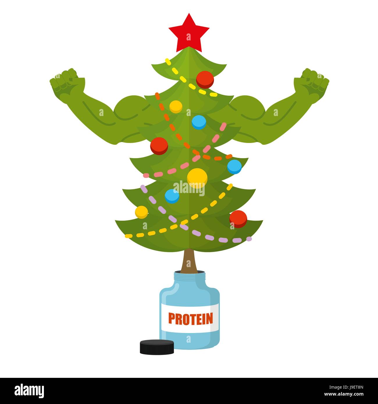 Strong Christmas tree. Bodybuilder Tree athlete with big muscles. Festive tree Bank protein