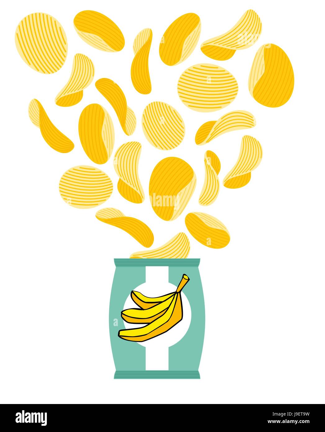 Banana chips. Fruit yellow chips. Packaging of snacks. Bundles of chips