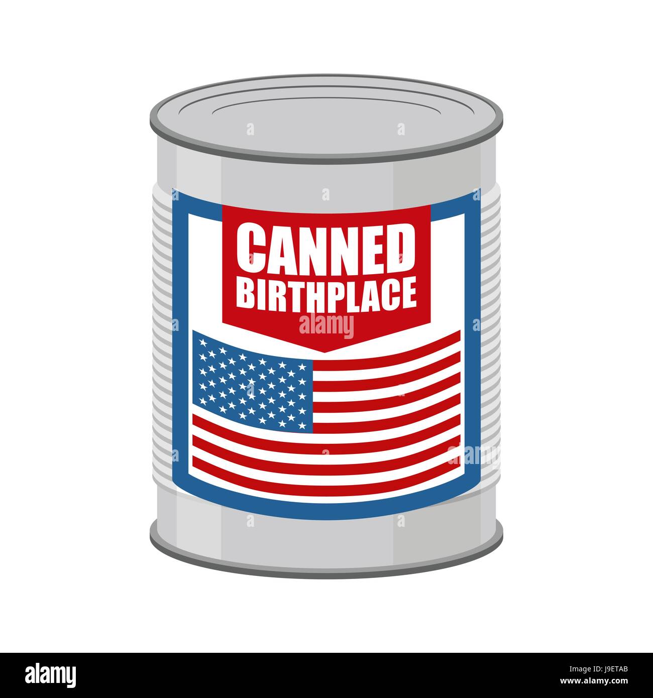 Canned birthplace. Patriotic canned. Part of motherland in Tin. Preserved land for emigrants from USA. Food for Americans on foreign soil Stock Vector