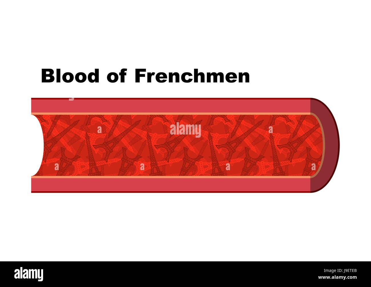 Blood of Frenchmen. Blood cells in form of  Eiffel Tower. Anatomy of blood vessel. Vienna man from France. Humorous picture. In veins of human blood f Stock Vector