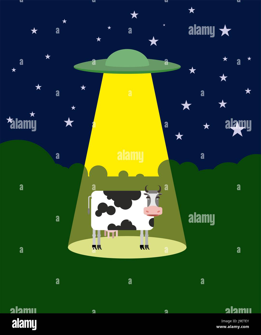 UFO abducts a cow. Space aliens and cattle. Flying saucer beam picks up animal from farm. Vector illustration Stock Vector