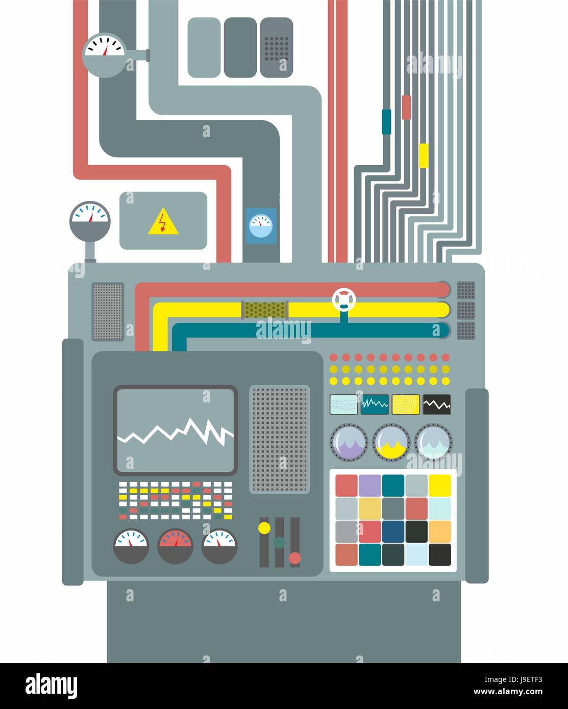 Production system. Control Panel with buttons and sensors. Buttons and  screens. Wires and valves. Supply of electricity. Robotic System Center for  des Stock Vector Image & Art - Alamy