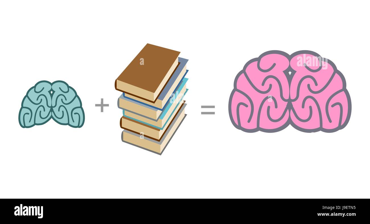 Brain and books. Use reading to mind. A stack of books. Vector