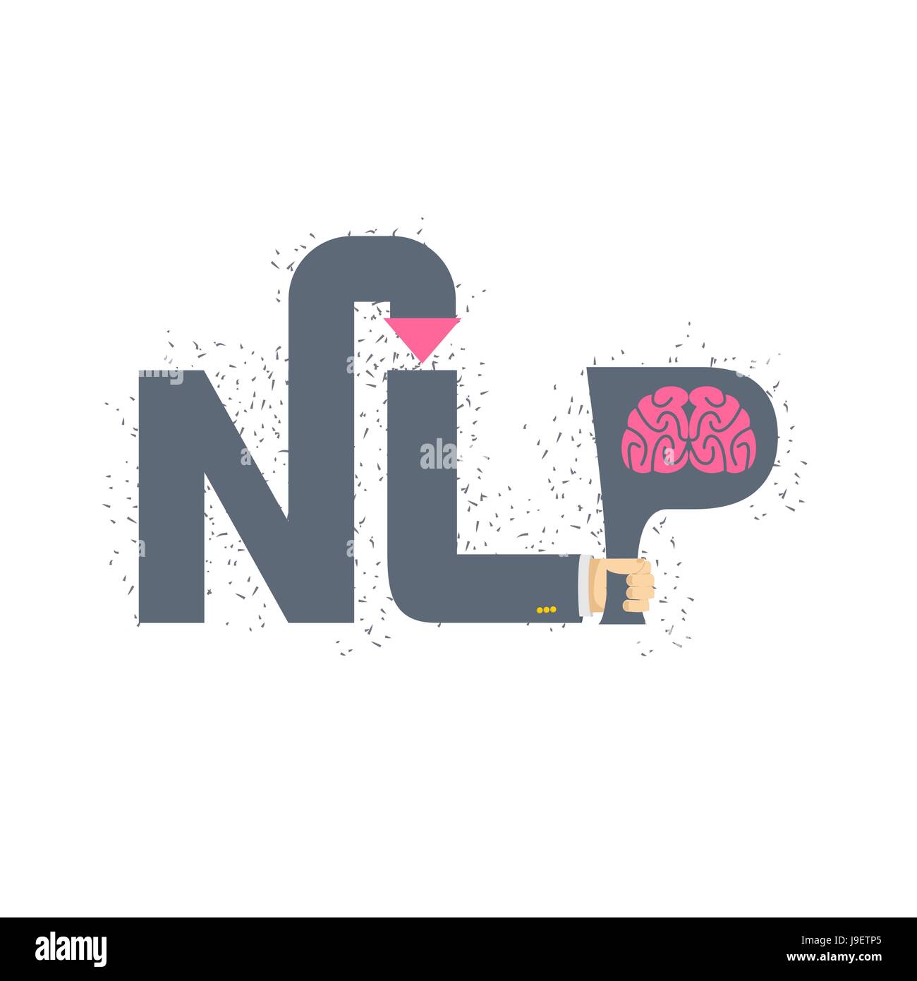 NLP logo and emblem. Hand holding a letter with brain. Vector illustration Stock Vector