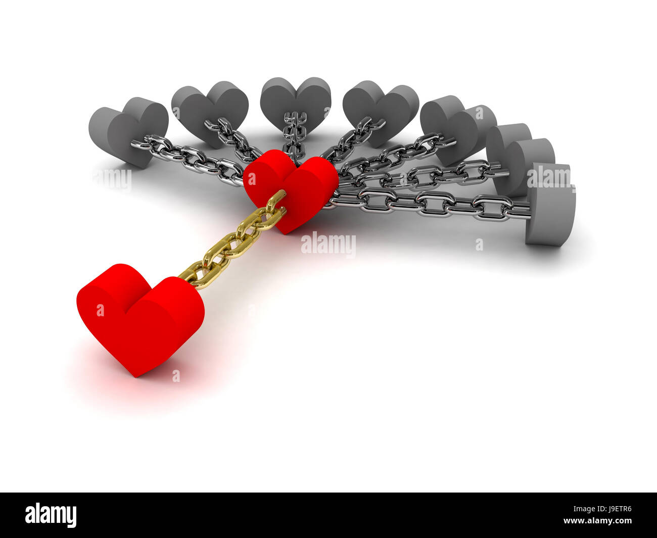 Seven gray hearts holding one red heart. Dependence on bad relations. Concept 3D illustration. Stock Photo
