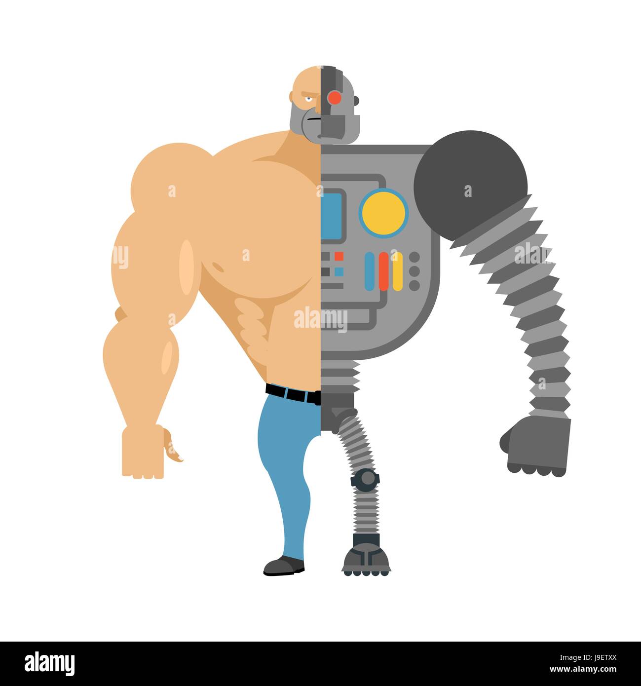 Cyborg. Half human half robot. Man with big muscles and iron limbs. Cyber-man of future. Stock Vector