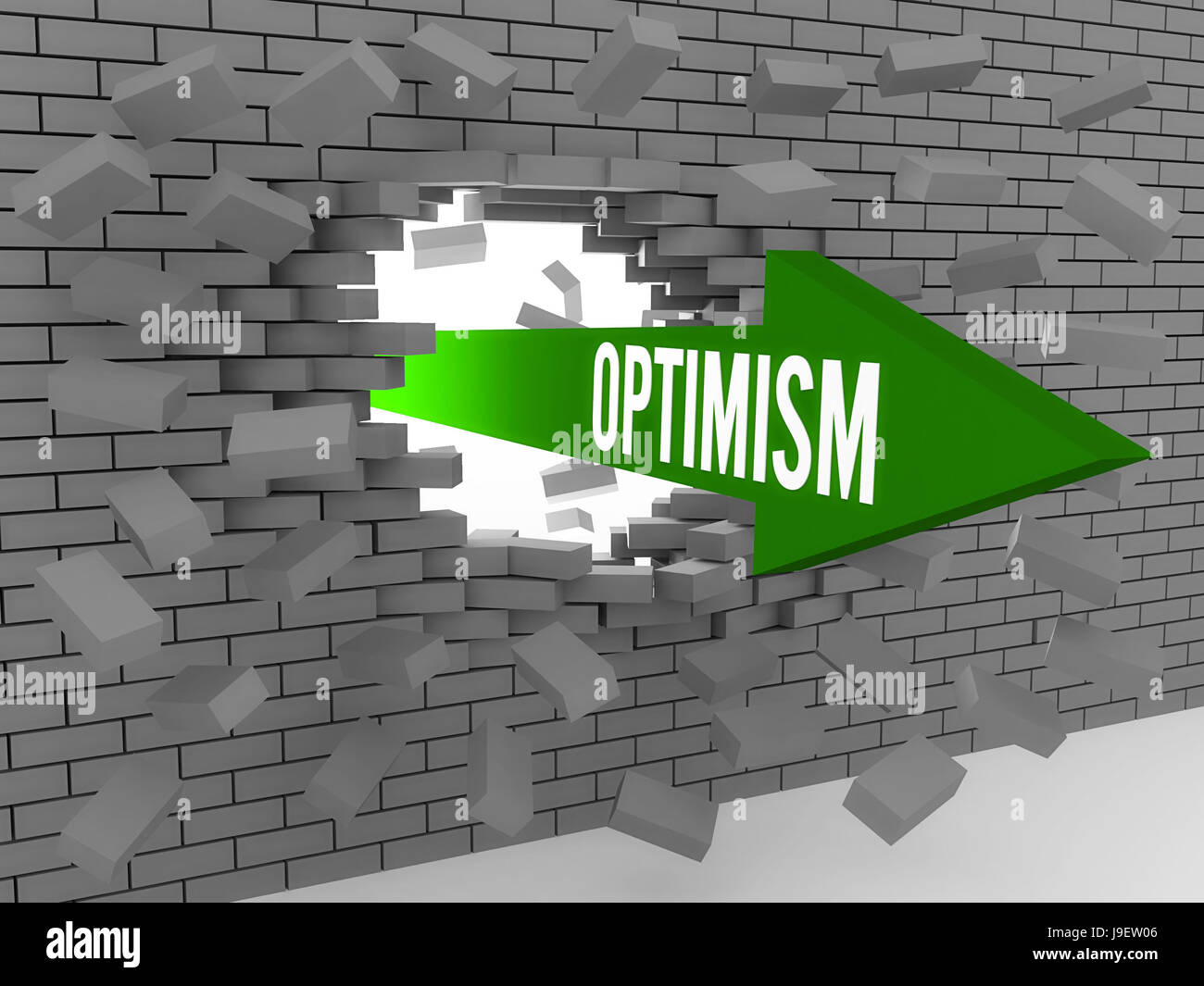 Arrow with word Optimism breaking brick wall. Concept 3D illustration. Stock Photo