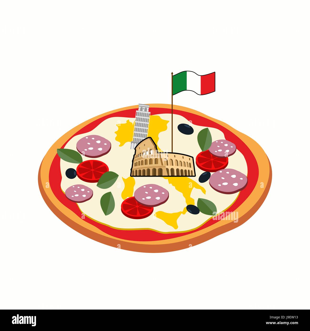 Italian pizza. Cheese in form of a silhouette map of Italy with Colosseum and  flag. Stock Vector