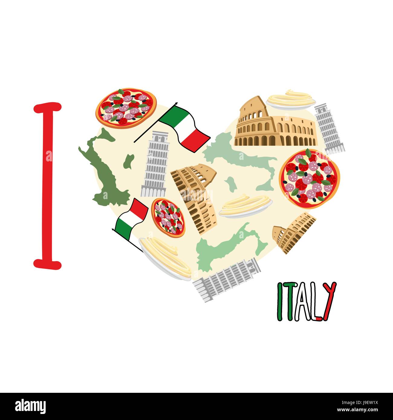 I love Italy. Symbol heart of   attractions of Italy: pizza and pasta, Colosseum and leaning tower of Pisa. Vector illustration Stock Vector