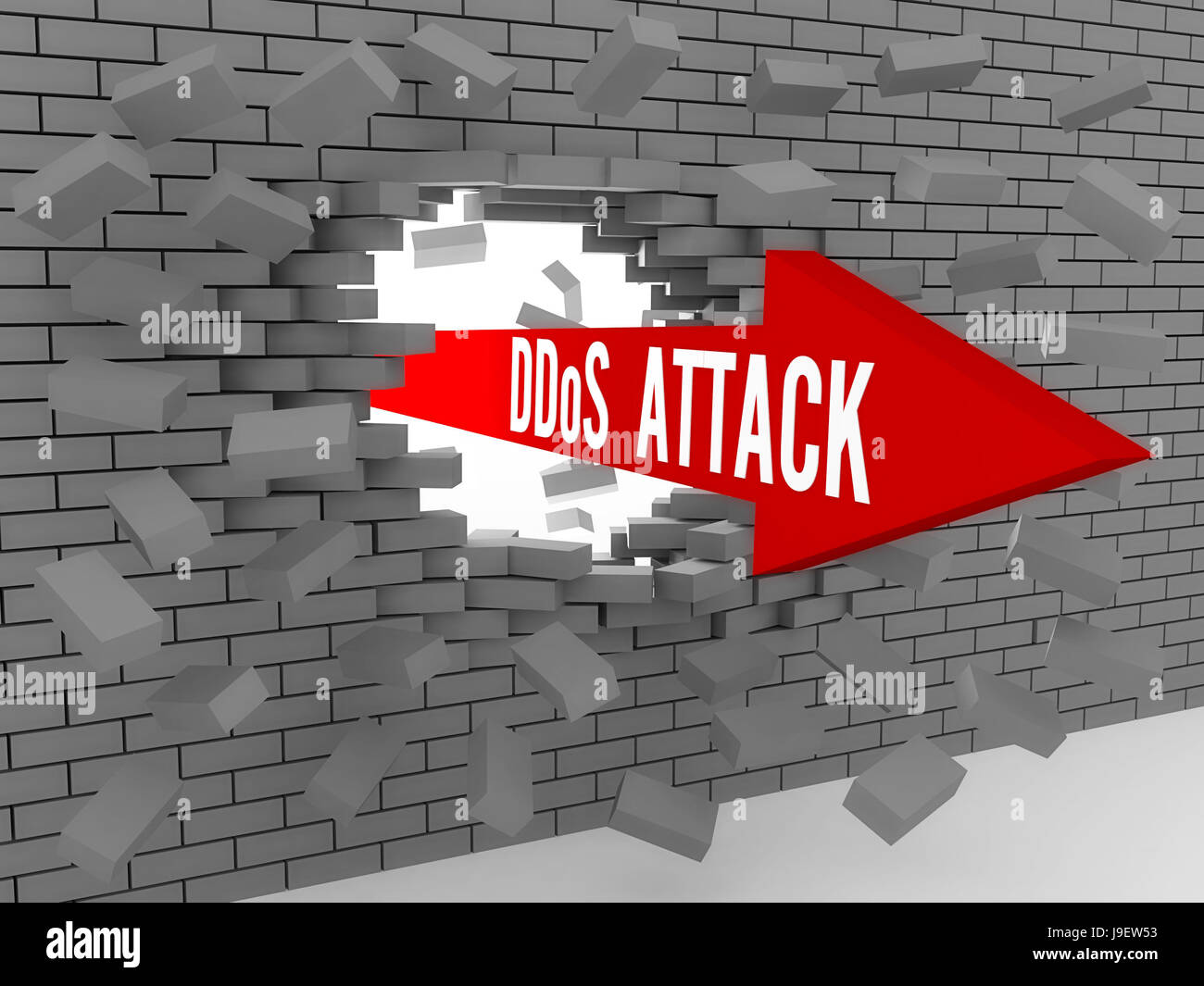 Arrow with words DDos Attack breaking brick wall. Concept 3D illustration. Stock Photo
