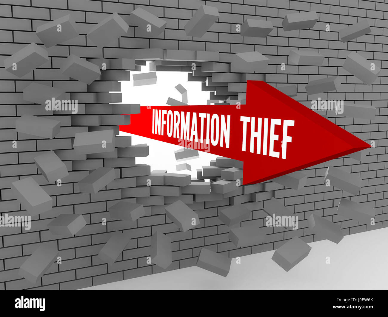 Arrow with words Information Thief breaking brick wall. Concept 3D illustration. Stock Photo