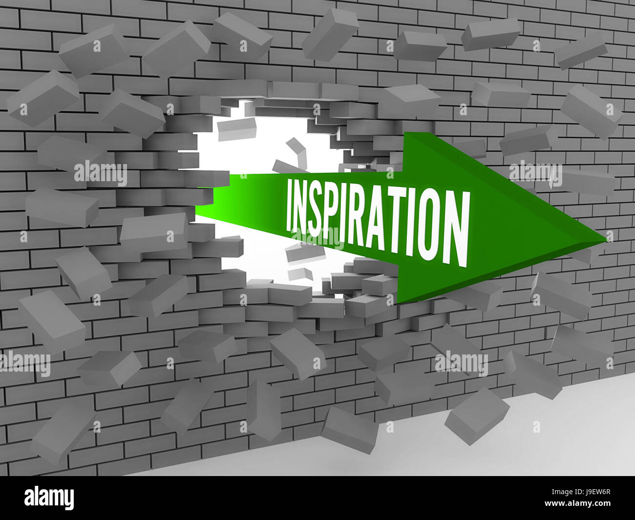 Arrow with word Inspiration breaking brick wall. Concept 3D illustration. Stock Photo