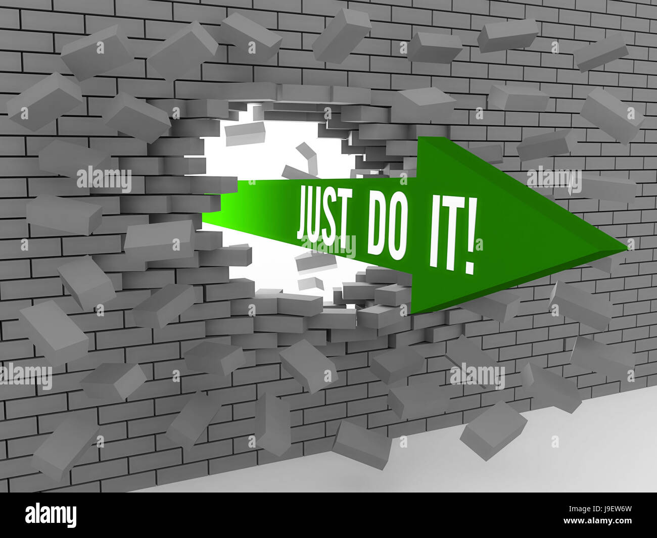Arrow with phrase Just Do It breaking brick wall. Concept 3D illustration. Stock Photo