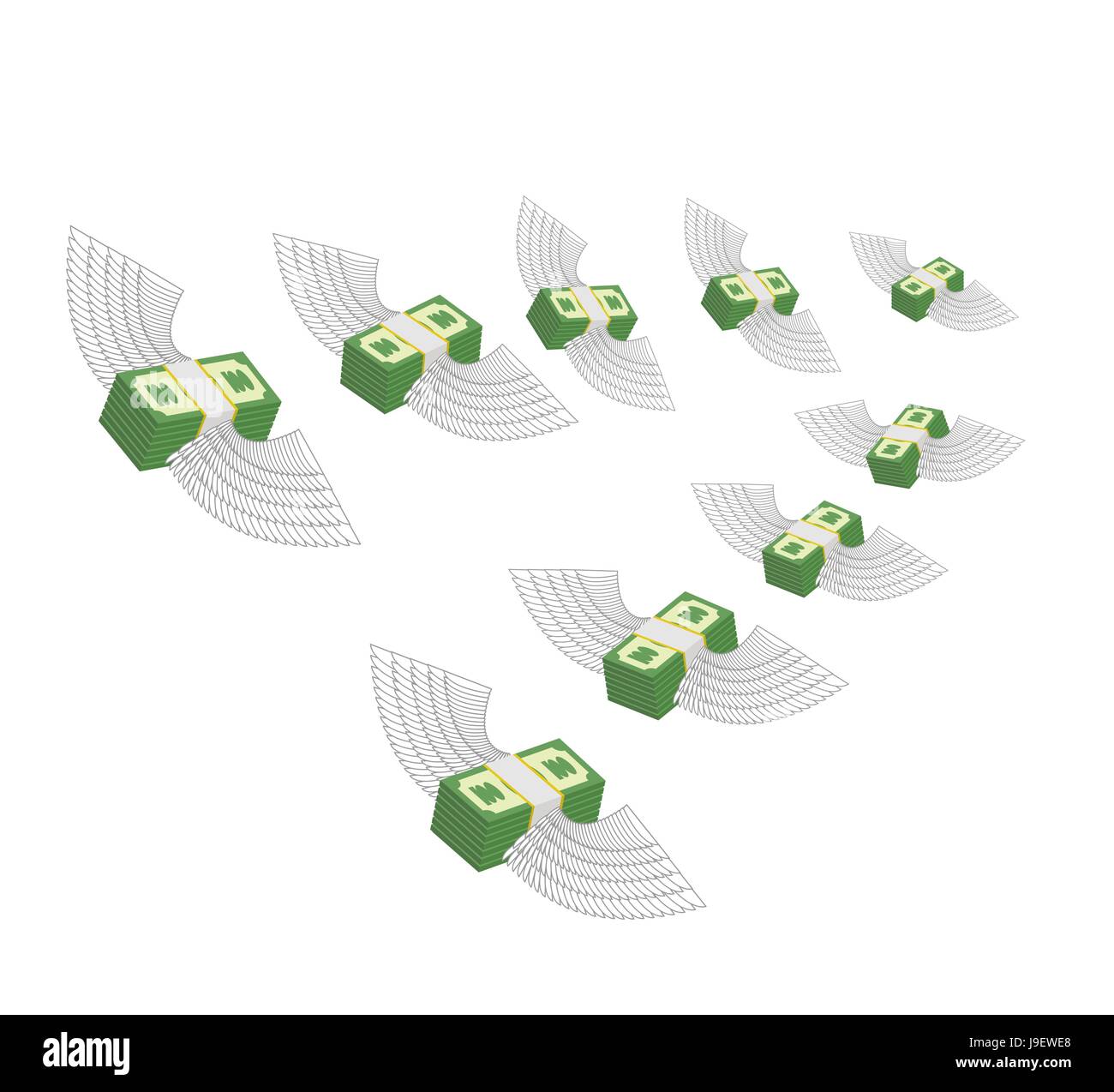Flying winged money. Profit decreases. Loss of cash. Vector