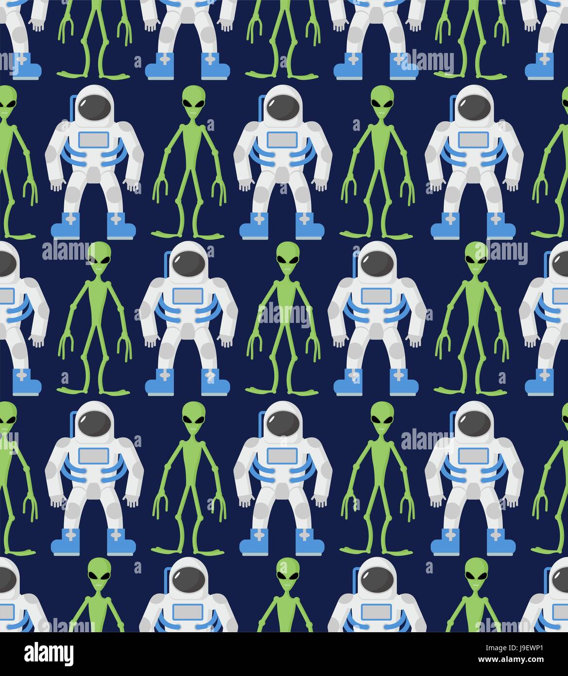 Astronaut and green humanoid, alien. Seamless pattern, ornament. Vector background cosmic Stock Vector