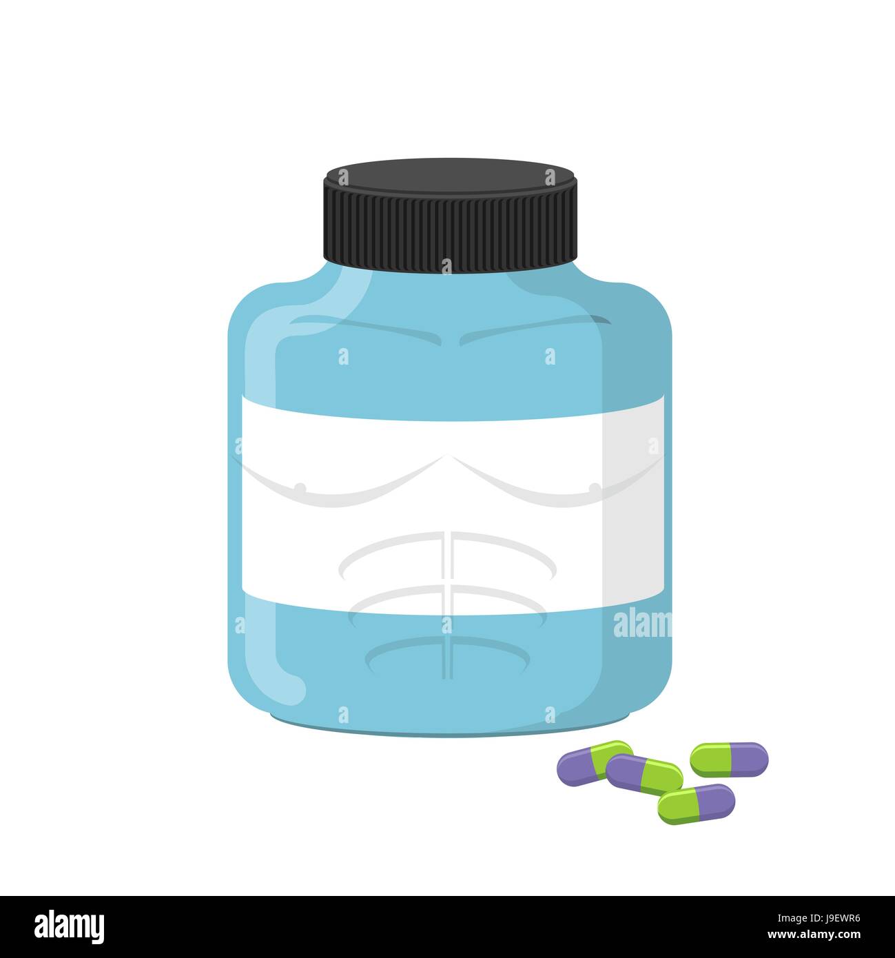 Sports nutrition container, bodybuilding supplements. Dope capsules. Vector illustration Stock Vector
