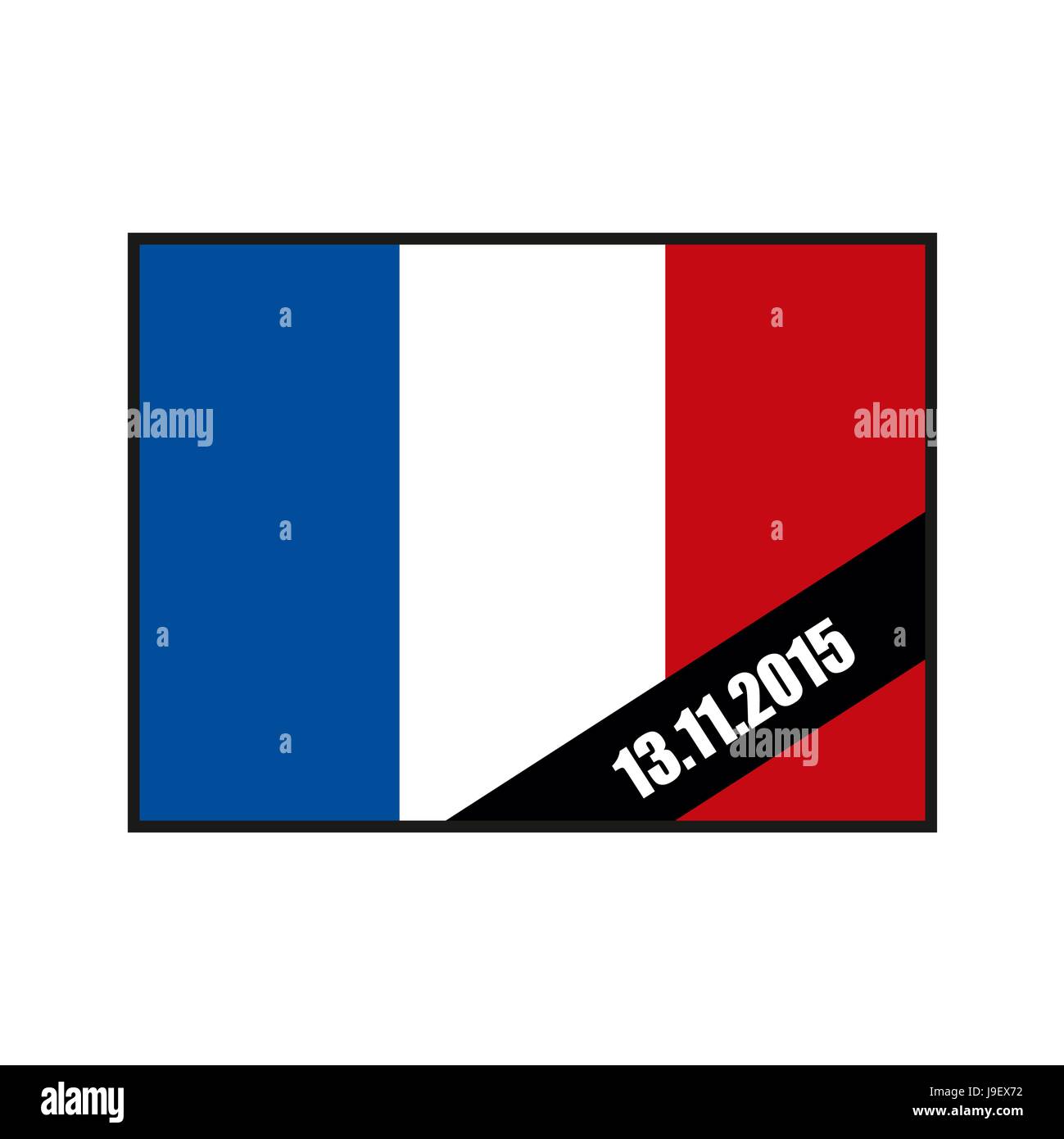 Mourning Ribbon on flag of France. Attack in Paris November 13, 2015 year. Grief for dead in Paris. Stock Vector