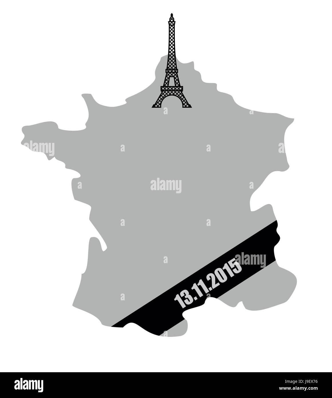 Map of France with  black mourning Ribbon. Mourning and grief for dead in terrorist bombing 13 November 2015. Stock Vector