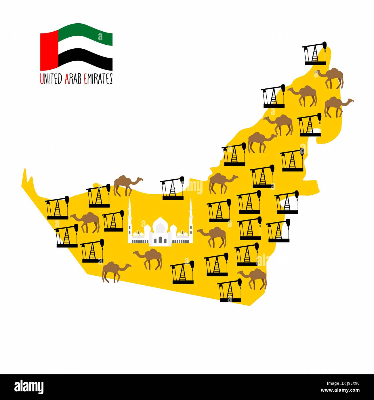 Map United Arab Emirates (UAE). Desert and oil rigs. Infographics minerals oil and animal world: camels. Abu Dhabi Sheikh Zayed White Mosque. Vector i Stock Vector