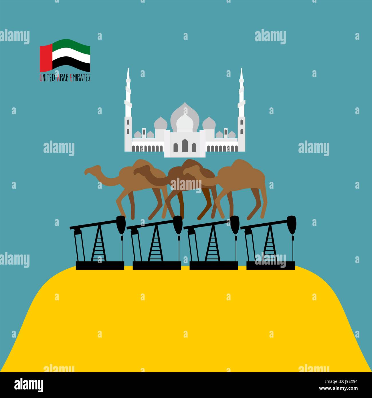 U.A.E. Structure. Sheikh Zayed mosque white is based on three camels. Camels stand on oil rigs. Oil pumps are on  desert. Infographics  United Arab Em Stock Vector