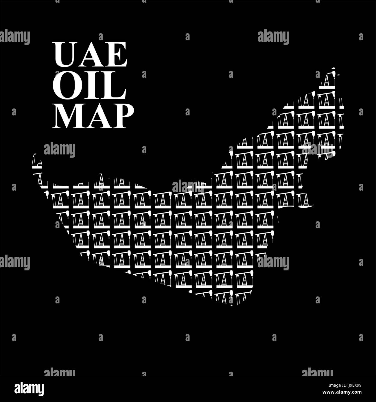 UAE oil map. Silhouette maps of  United Arab Emirates of oil pumping rigs. Vector illustration Stock Vector