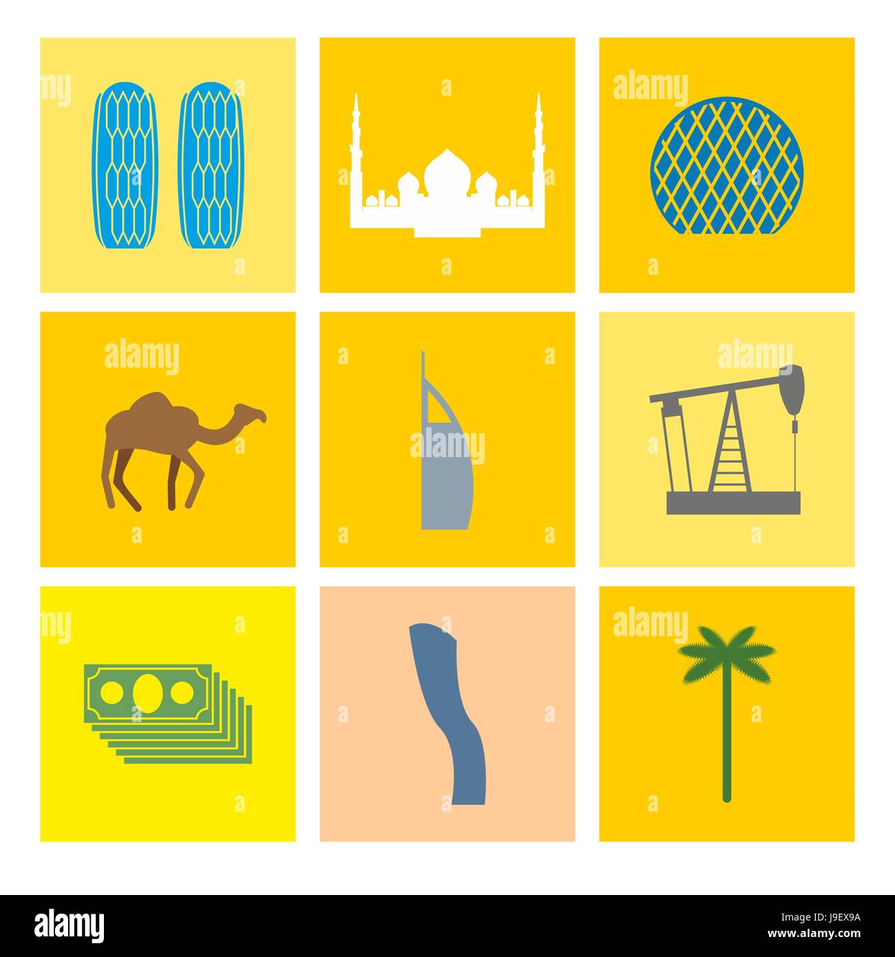 UAE symbol  icons set. Camels and oil pumps. Palm trees and skyscrapers. Vector Flat design. Stock Vector