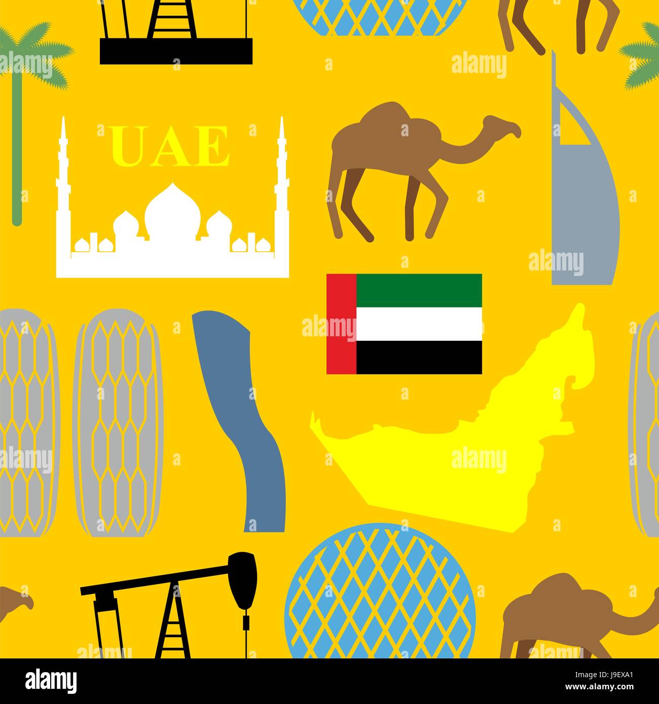 Seamless pattern United Arab Emirates. Desert and camels and palm trees and skyscrapers. UAE symbol. Vector background. Stock Vector