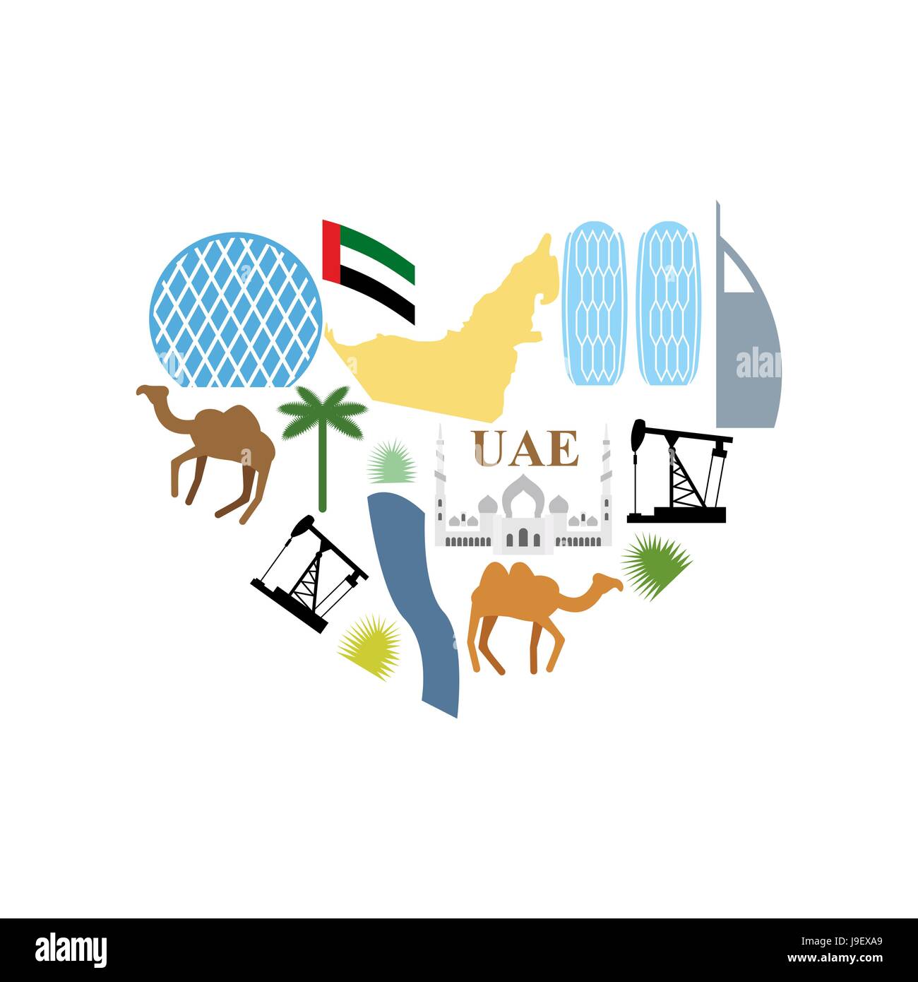 I love UAE. Symbol Heart attractions of  United Arab Emirates. Map UAE and DESERT, camel and an oil rig. Skyscrapers and Abu Dhabi , Mosque. Vector il Stock Vector