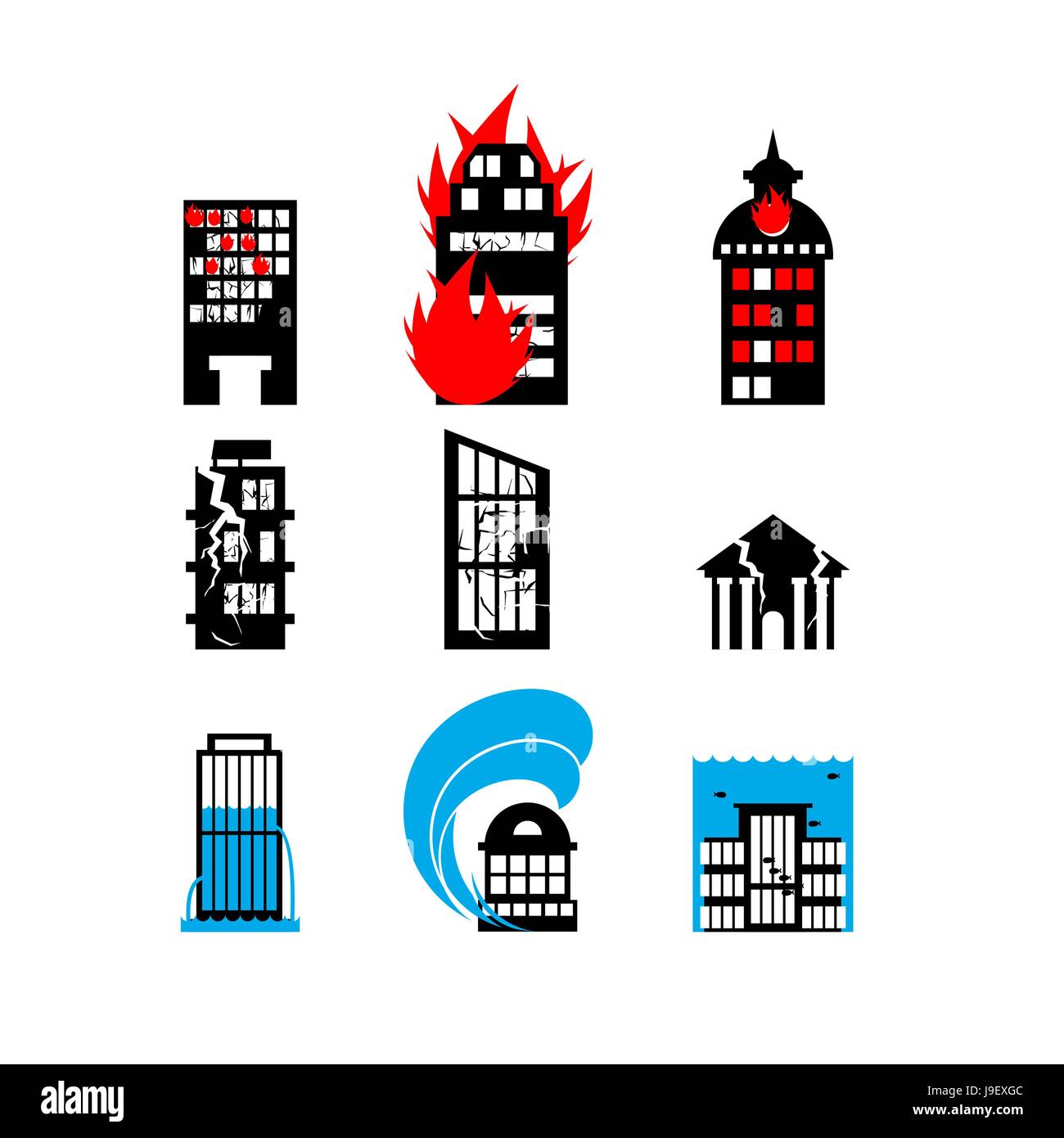 Disaster Icon Collection Fire Earthquake And Flood Destroyed