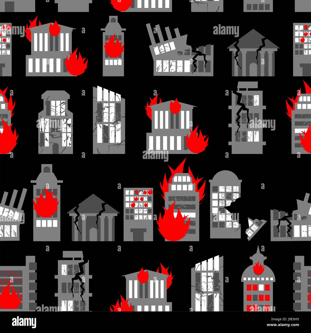 Ruined city seamless pattern. Ruins of buildings. Fire in homes. Background of war - ravaged City. Stock Vector