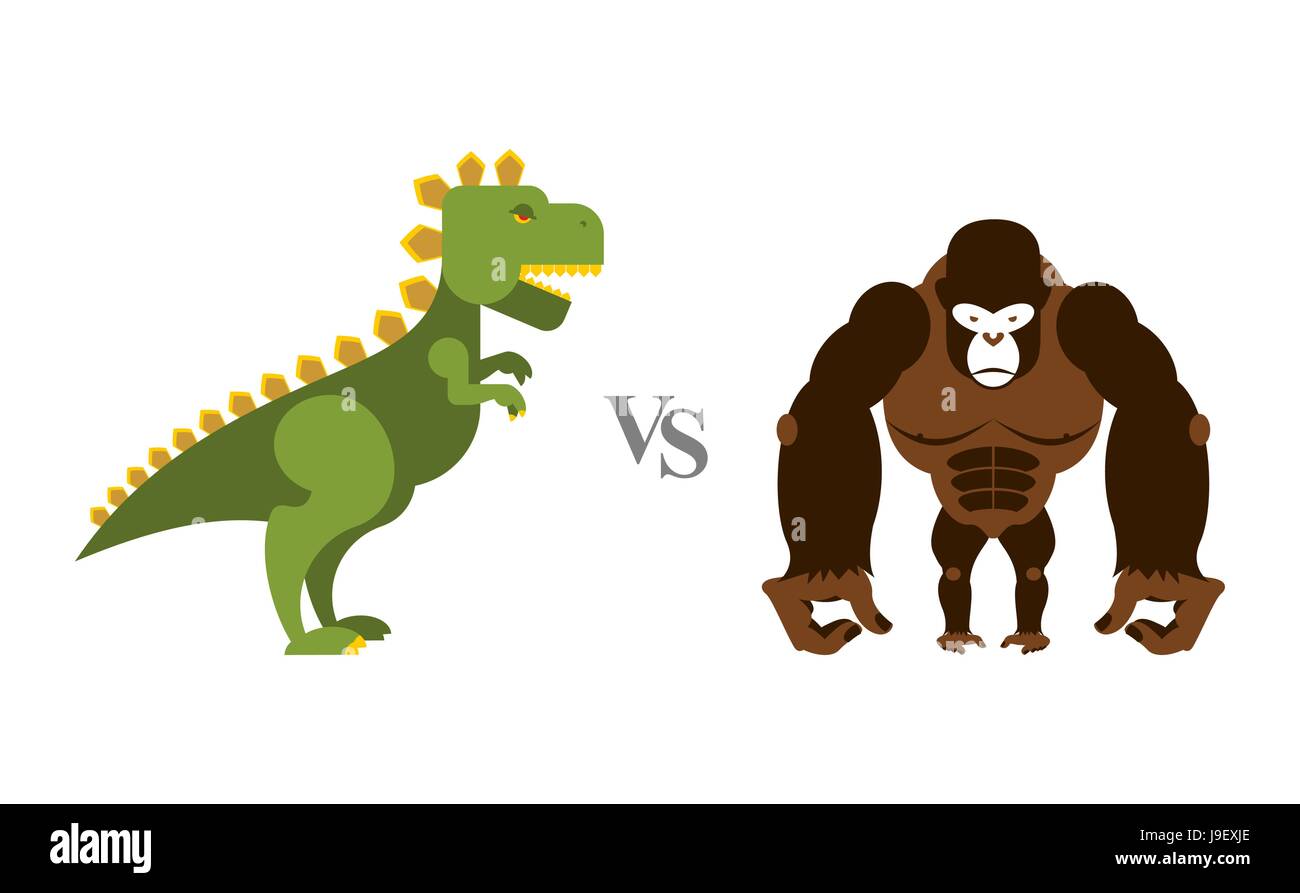 Godzilla vs King Kong. Battle monsters. Big wild monkey and scary dinosaur. Contest of destroyers. Stock Vector