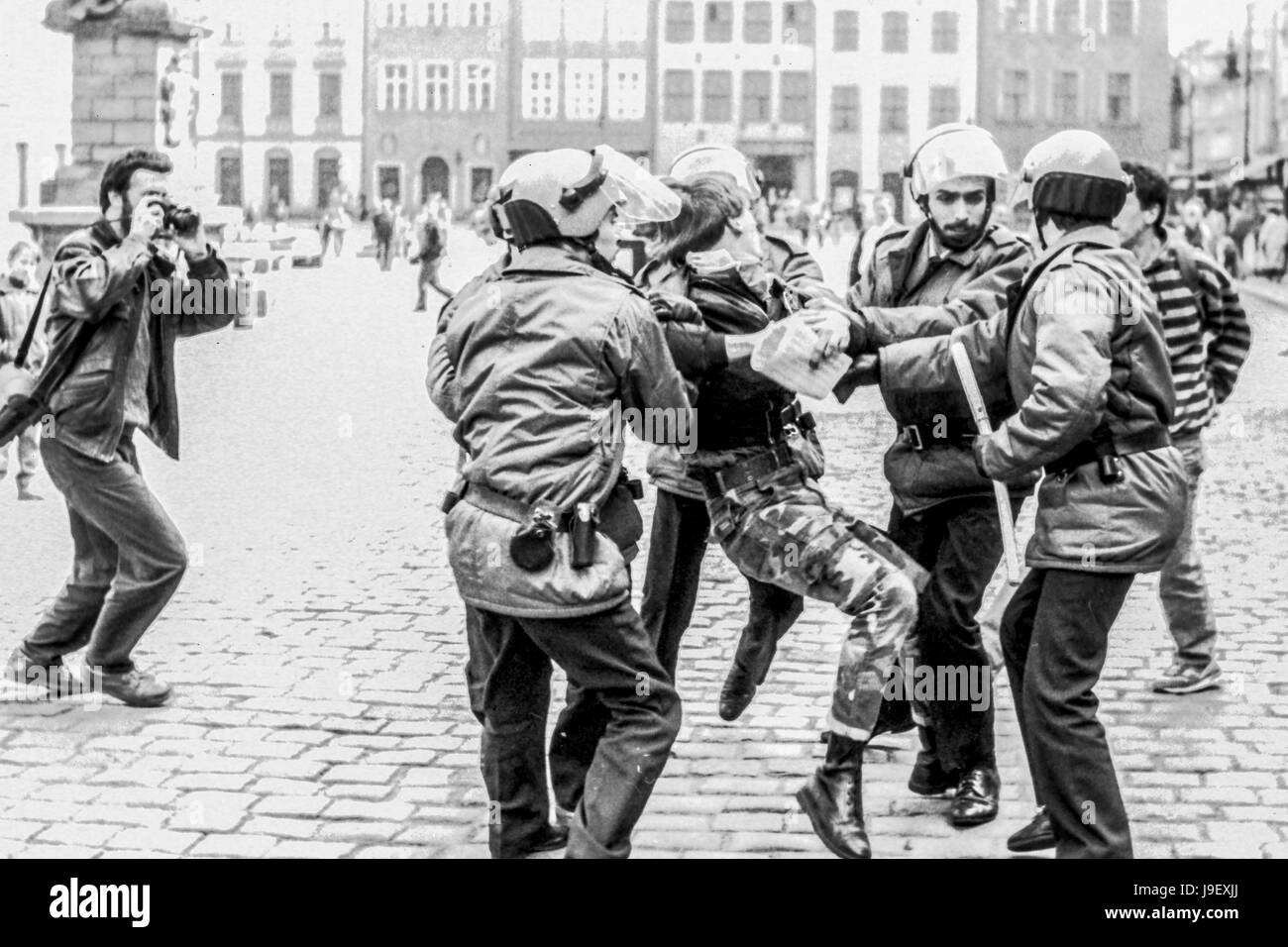 Street protests in Poland 1989-1990, militia - special police forces.(ZOMO). Fight for democracy and freedom, polish revolution Stock Photo