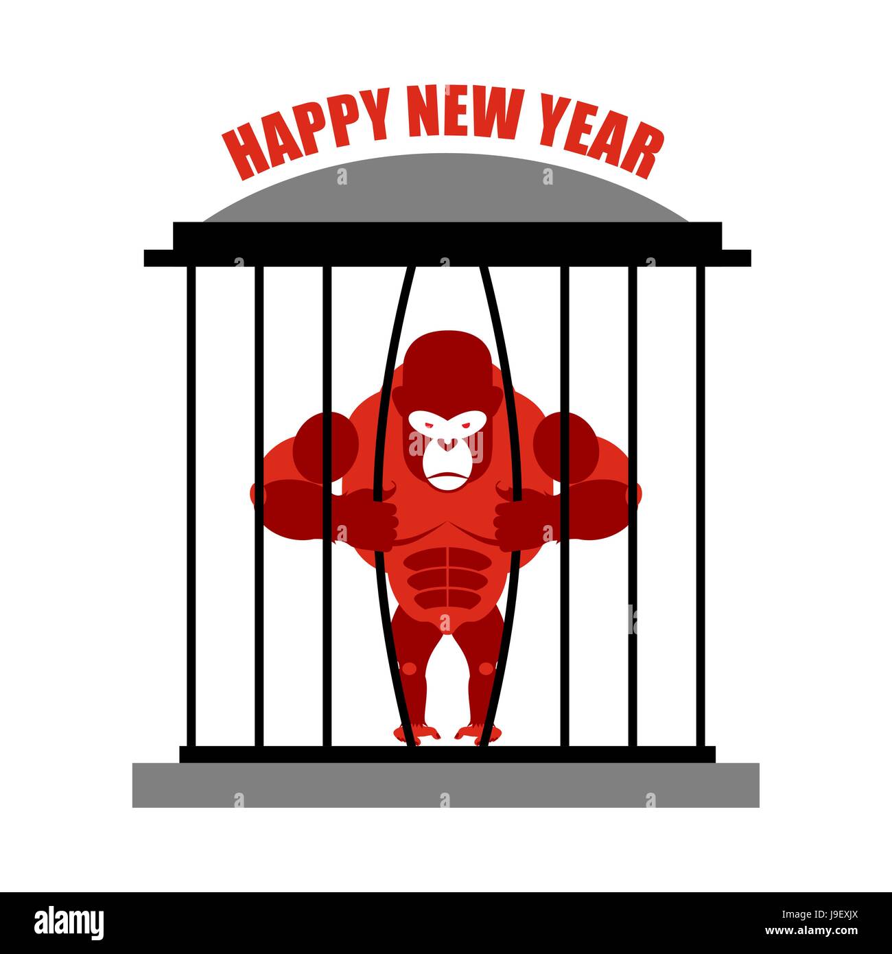 Gorilla wants to escape from cage. Symbol of new year red monkey. Escape wild beast. Stock Vector