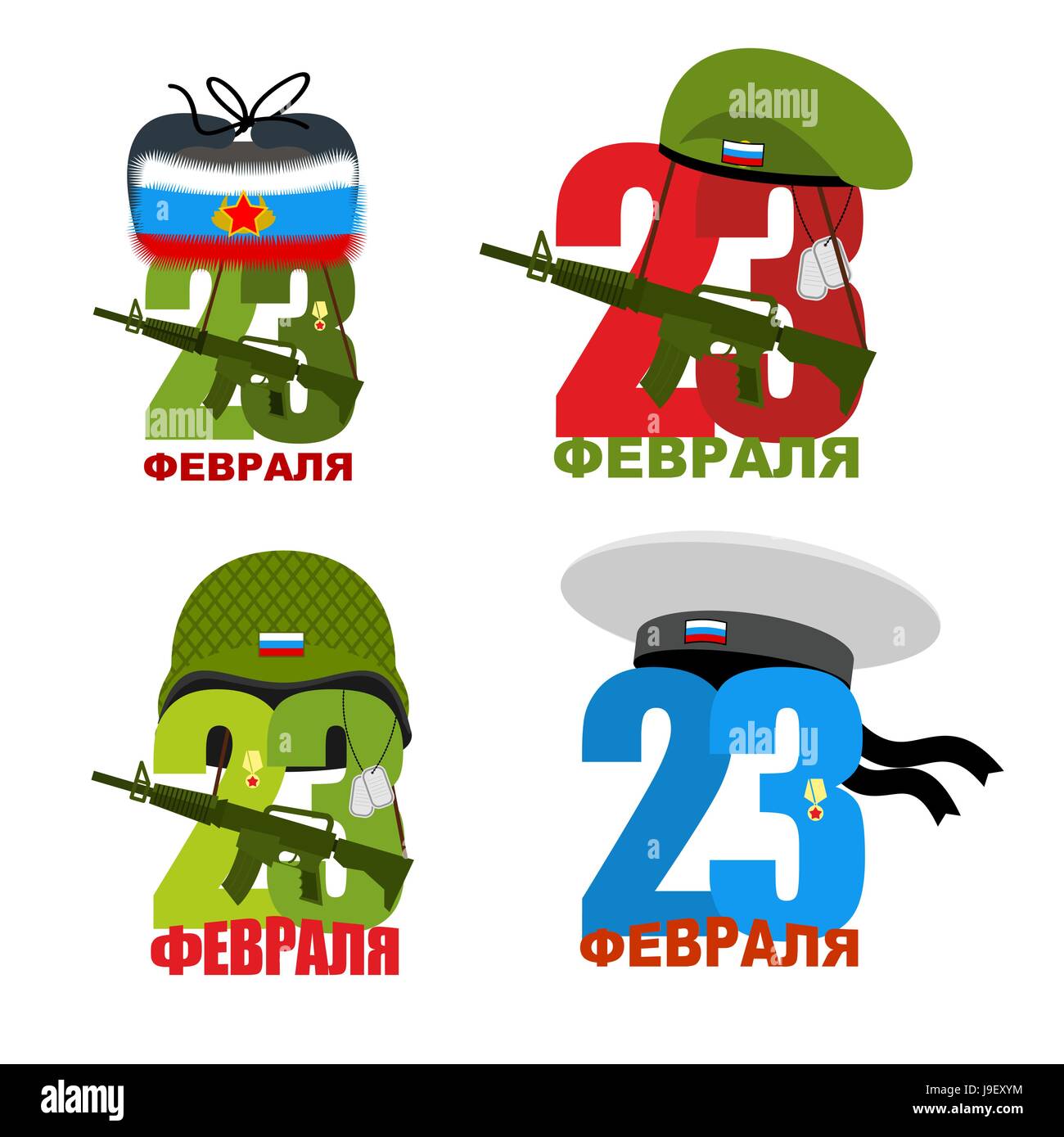 Set logo for 23 February. Figures in soldiers helmets. Green beret and protective soldiers helmet. Automatic weapons gun. Ushanka - Hat Russian partis Stock Vector