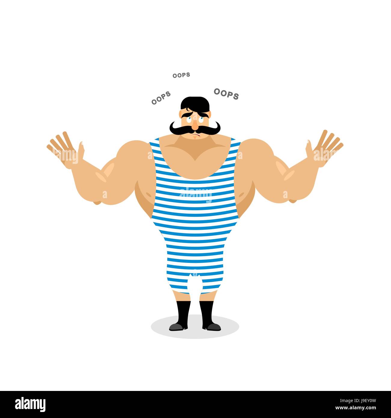 Surprised vintage athlete speak OOPS. Perplexed Retro athlete. Struck Ancient bodybuilder with mustache. With wide-eyed strong circus performer Stock Vector
