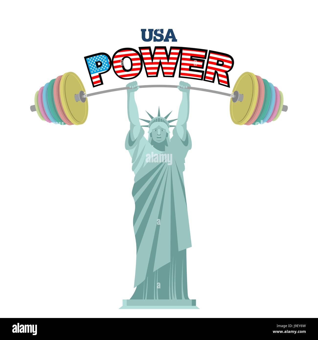 USA power. Powerful  Statue of Liberty barbell bench press. Athletic symbol of America. Fitness monument in New York. Symbol of strength and power and Stock Vector