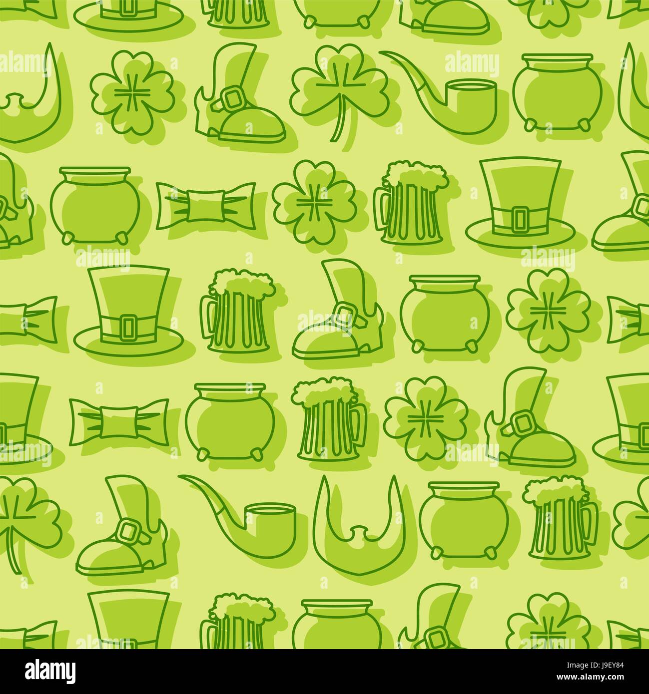 Patricks day seamless pattern. Background for Irish holiday. Accessories for leprechauns. Pot of gold and hat cylinder. Pipe and mug of beer. Beard an Stock Vector