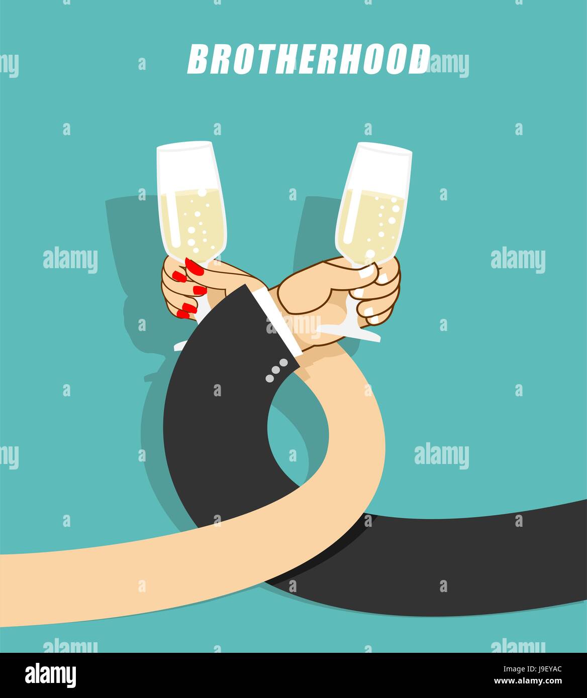Brotherhood to drink alcohol. Man and woman drinking champagne. Goblets with sparkling wine. Mens hand in jacket. Female hand. Coiling hands. First da Stock Vector