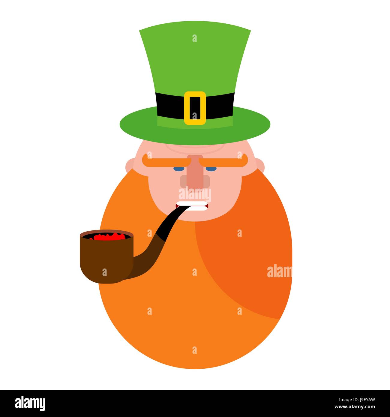 leprechaun with Red Beard. Portrait of angry leprechaun. Pipe and Green Hat cylinder. Serious leprechaun. Illustration for St. Patrick's day in Irelan Stock Vector