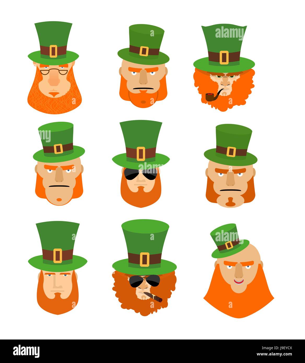 Leprechaun set head. Funny and serious facial leprechauns. Big Red Beard. Green Hat cylinder. Pipe and cigar. Sign St. Patrick's Day celebration in Ir Stock Vector