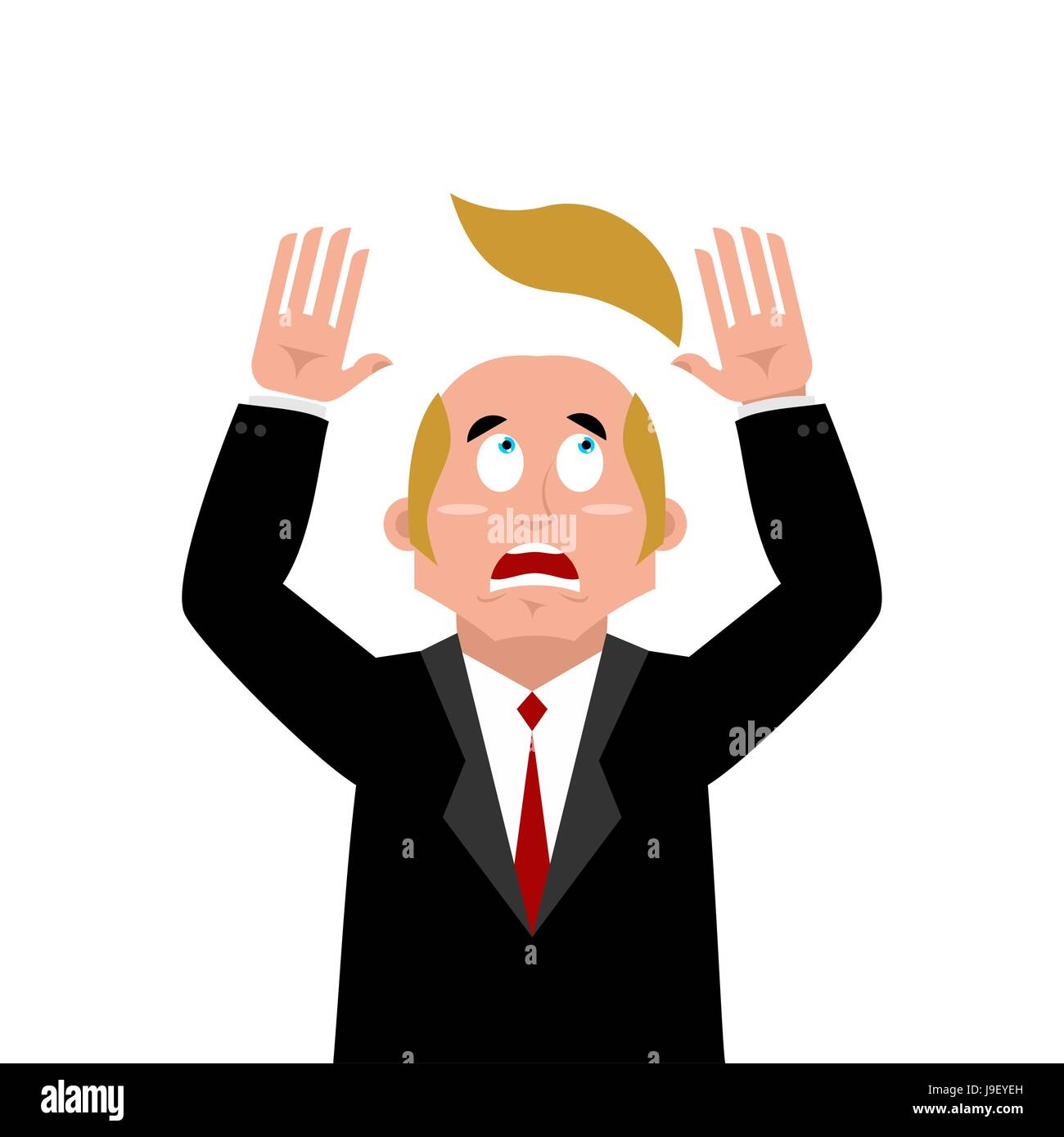Man and wig. Scared businessman lost their hair. Artificial hair flew with bald head. Man in confusion Stock Vector