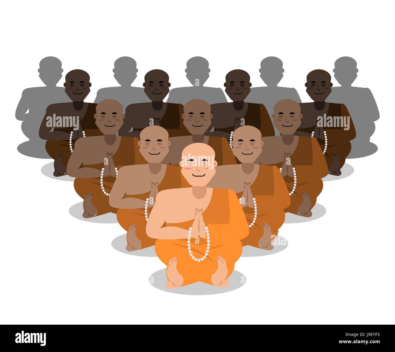 Tibetan monk prayer. Novice Chinese monastery meditating. Many bald Buddhist hermits Stock Vector