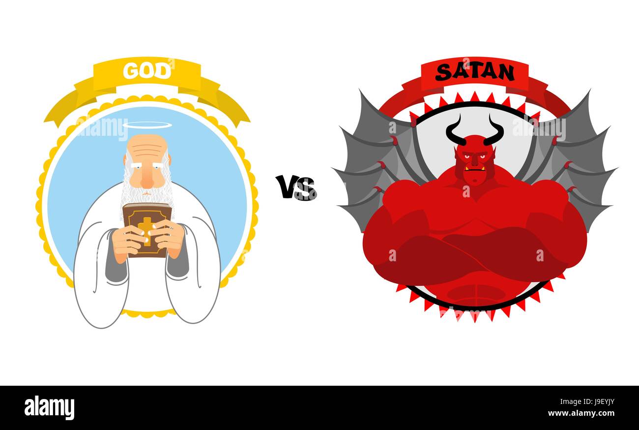 God vs Satan. Good grandfather with white beard and Halo above his head holds Bible. Dreaded Red Devil with horns and wings. Confrontation of good and Stock Vector