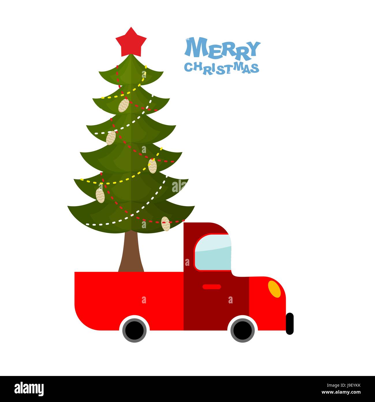 Christmas tree in car. Truck carries decorated Christmas tree for holiday. Garlands and bumps and Red Star. Happy Christmas. Stock Vector