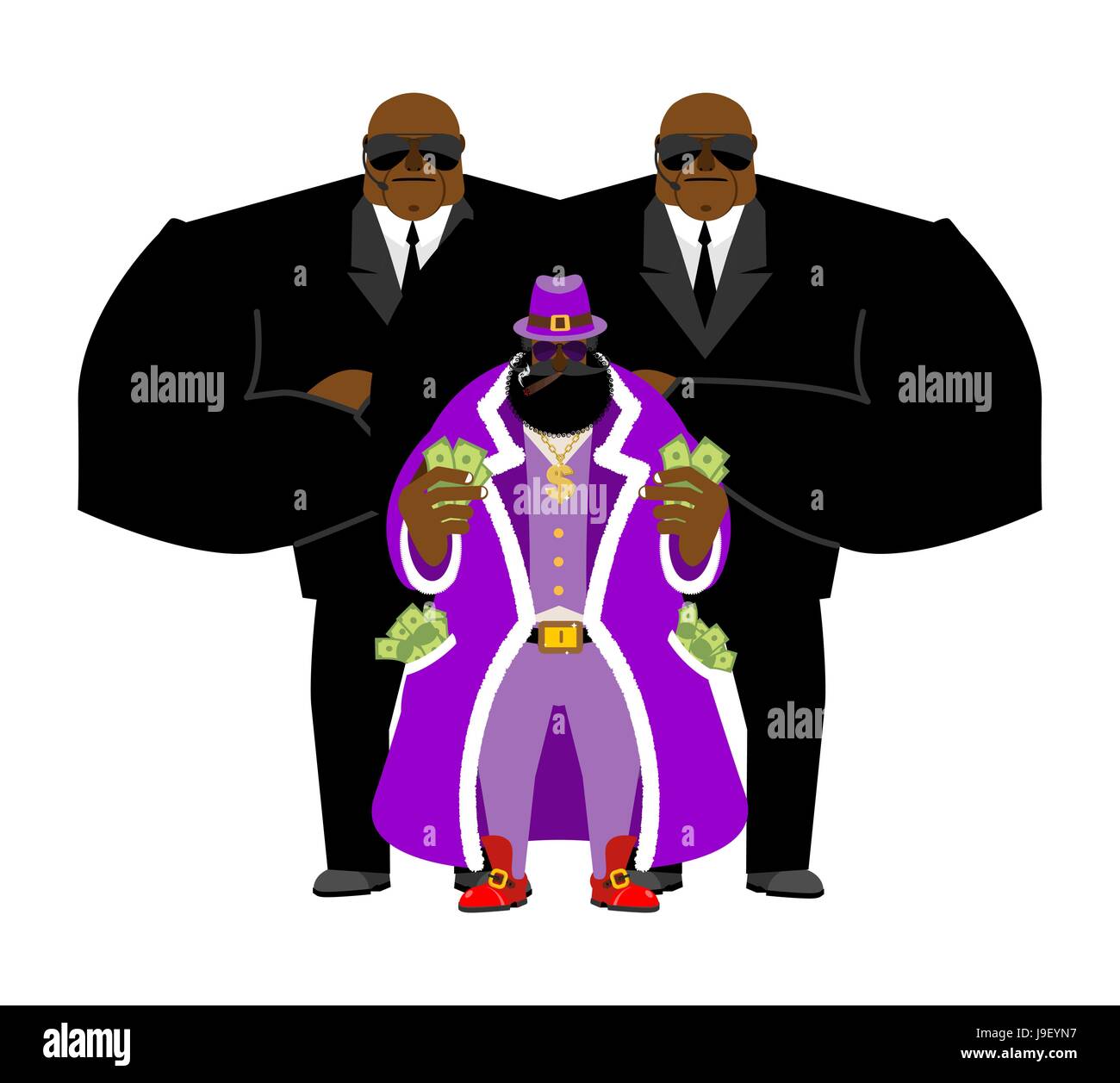 Pimp and bodyguard. Bright clothing and money. Pocket full of cash. Gold  dollar chain jewelry. African American and guards, security Stock Vector  Image & Art - Alamy