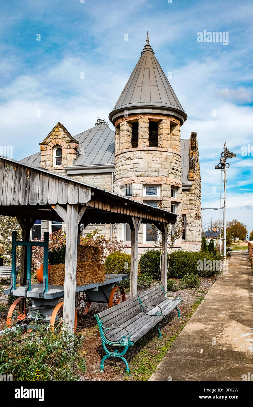 The restored stone railway station and railroad depot museum in Fort